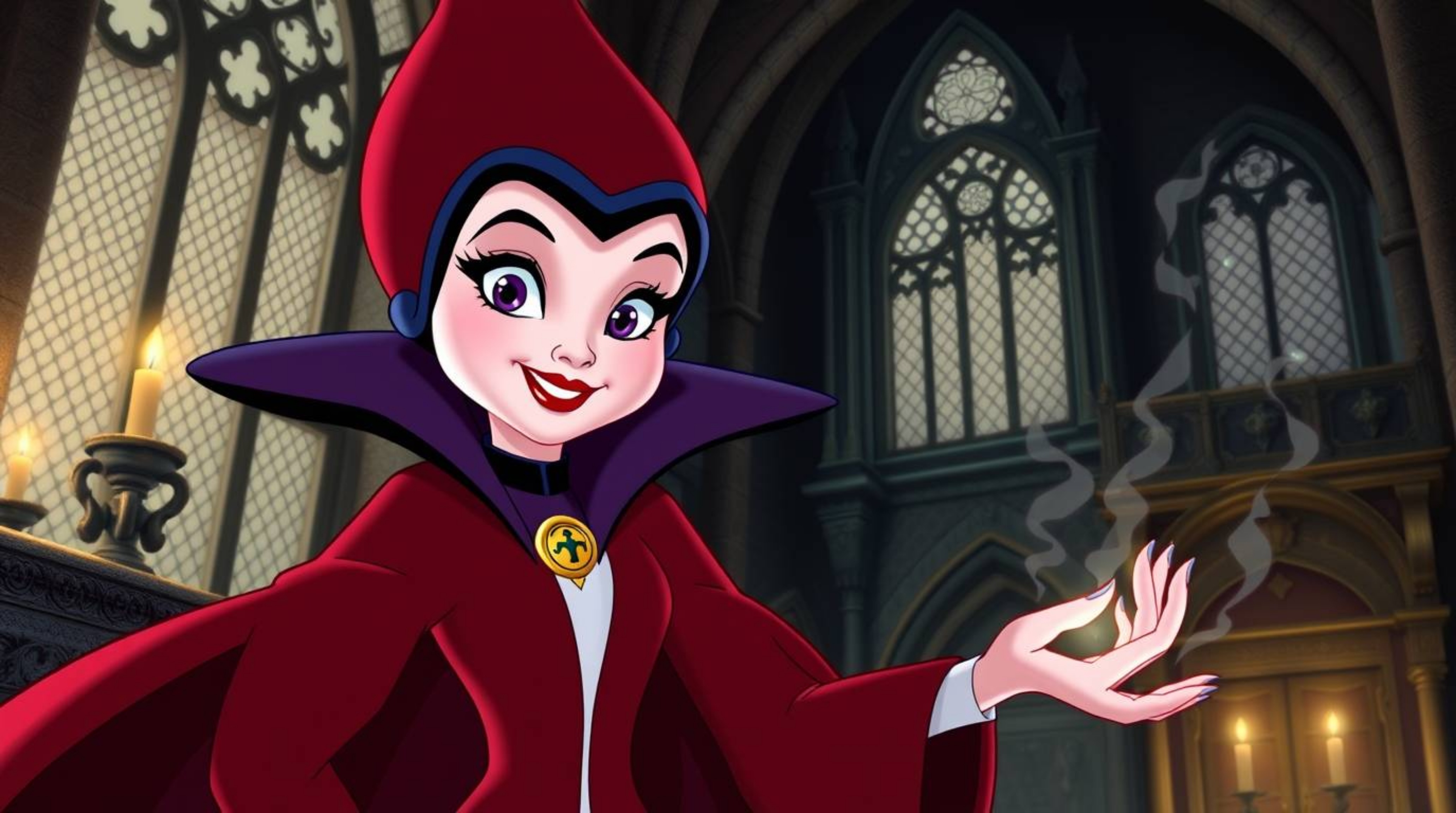 Discover stunning artwork depicting an adorable yet sophisticated Disney villain, fair-skinned and elegantly featured, castin
