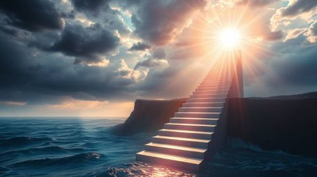 A dramatic staircase emerges from the ocean, reaching a stormy sky illuminated by a divine sunburst.  This epic and symbolic 