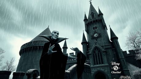 This surreal infrared image captures a classic Disney villain with sharp features and pale skin casting a spell within a goth