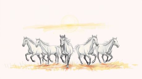 A captivating hand-drawn sketch showcases a herd of wild horses thundering across a landscape bathed in the soft glow of a ra