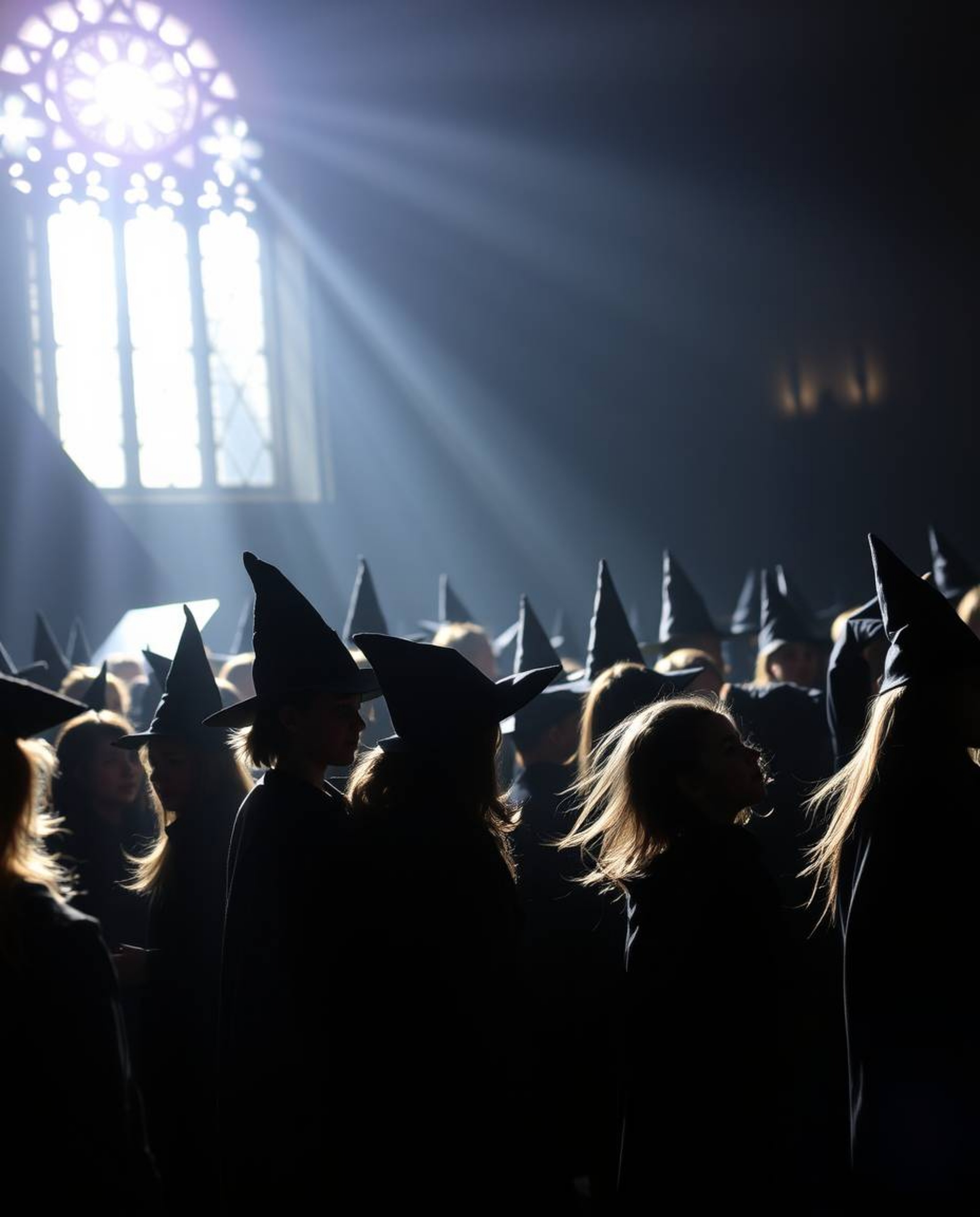 A captivating close-up captures a magical school brimming with young wizards, their forms silhouetted against a radiant backl
