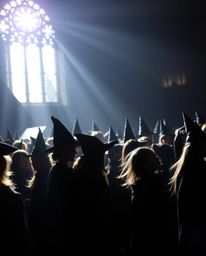 A captivating close-up captures a magical school brimming with young wizards, their forms silhouetted against a radiant backl