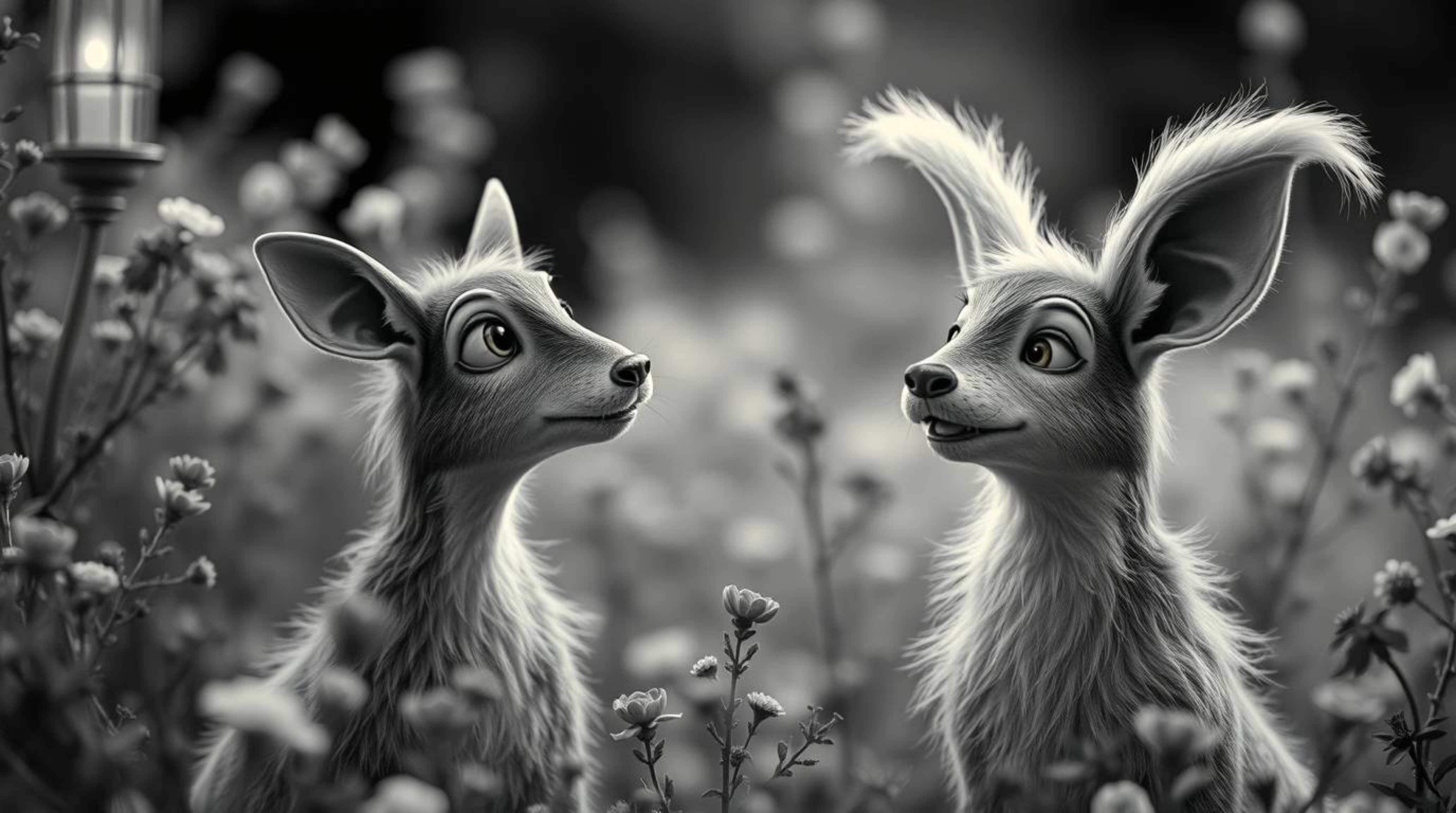 This high-resolution stock photo features two mischievous talking animals in a classic black and white aesthetic.  The timele