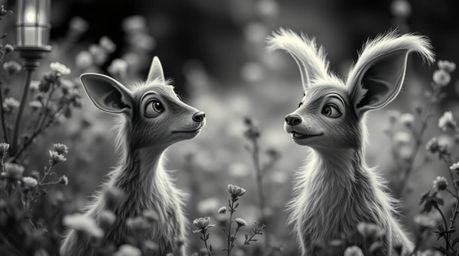 This high-resolution stock photo features two mischievous talking animals in a classic black and white aesthetic.  The timele