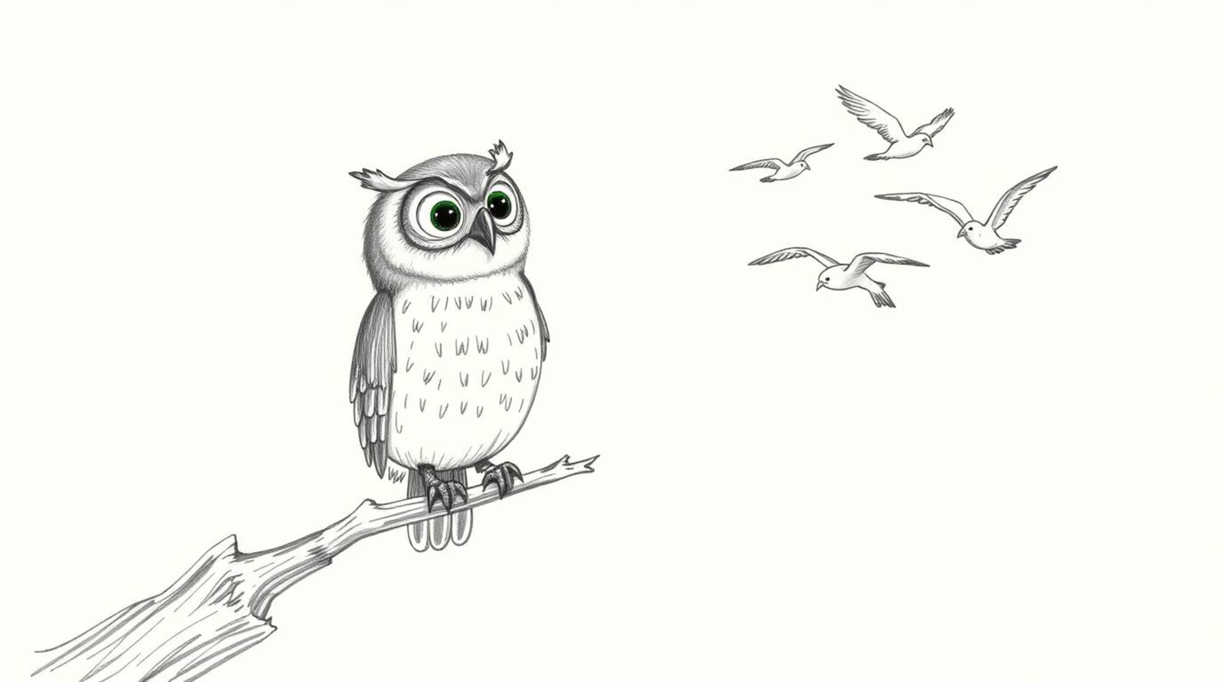 A captivating hand-drawn sketch in the style of Pixar depicts a serene, blind owl perched on a hollow branch, gently tapping 