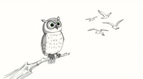 A captivating hand-drawn sketch in the style of Pixar depicts a serene, blind owl perched on a hollow branch, gently tapping 
