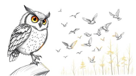 A heartwarming hand-drawn pencil sketch depicts a wise, blind owl patiently guiding a diverse flock of birds in flight.  Set 