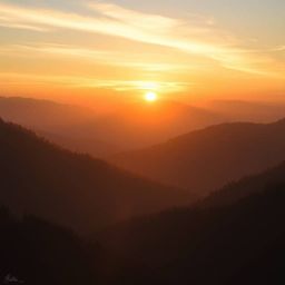 Experience the serene beauty of a volumetrically lit sunset over a tranquil mountain valley. This digital painting captures t