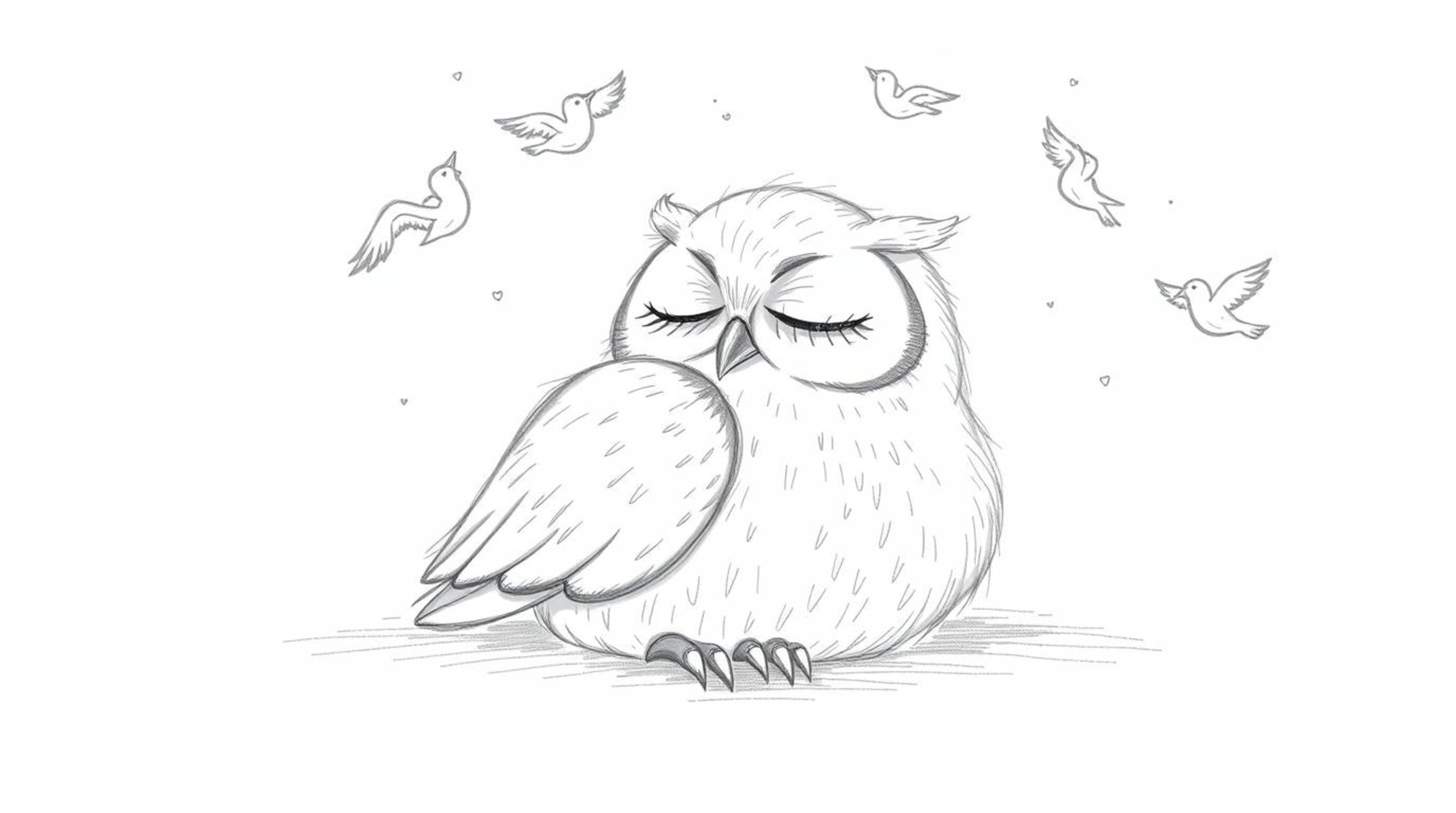 A delightful hand-drawn sketch, reminiscent of Pixar's style, showcases a serene blind owl with softly textured pencil stroke