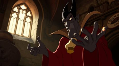 This artwork features a classic Disney villain with strong features and dark skin, casting a spell within the dramatic settin