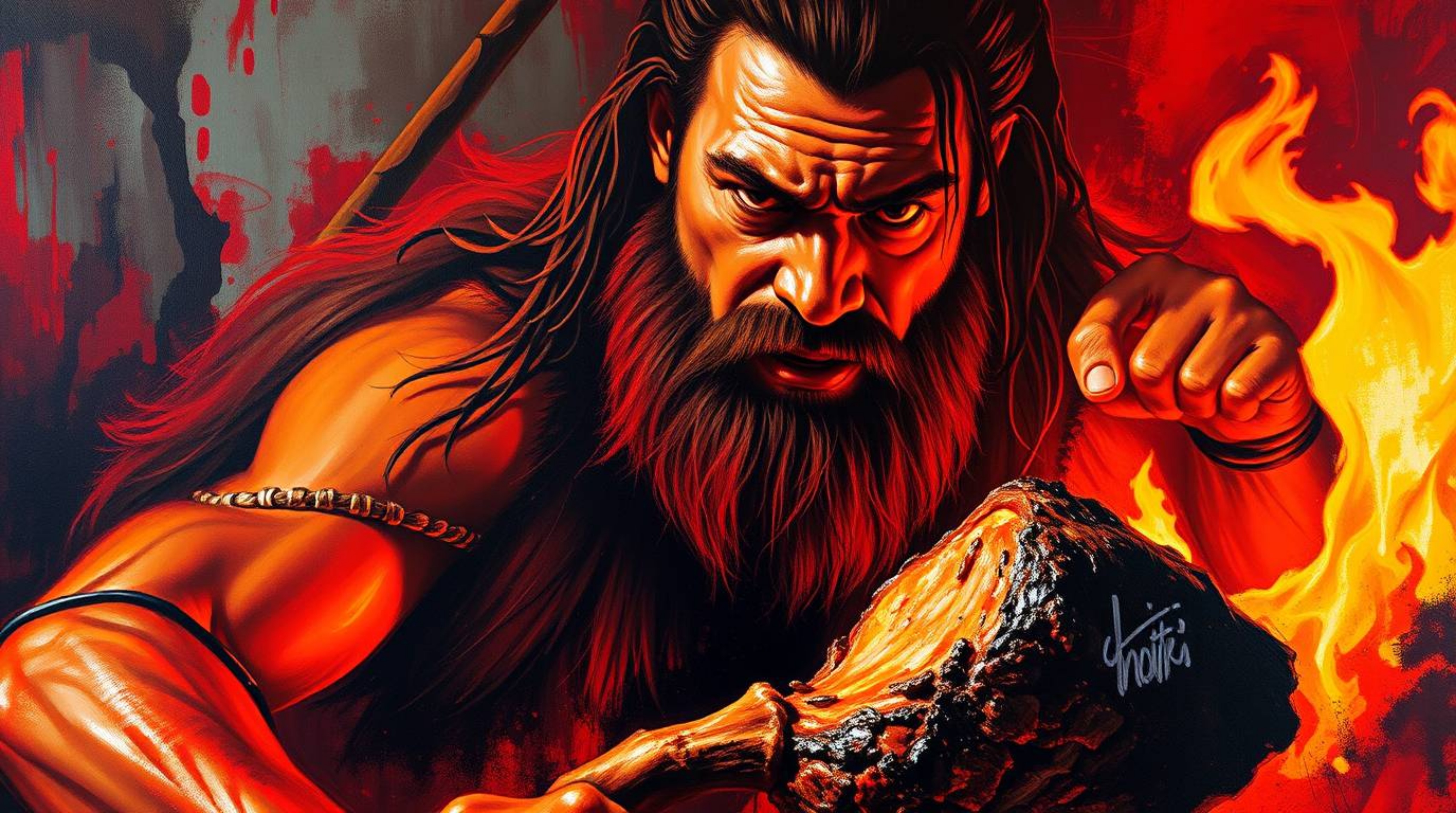 This artwork depicts a strong and dramatic caveman with dark skin cooking mammoth meat. Rendered in bold acrylic paints with 