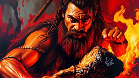 This artwork depicts a strong and dramatic caveman with dark skin cooking mammoth meat. Rendered in bold acrylic paints with 