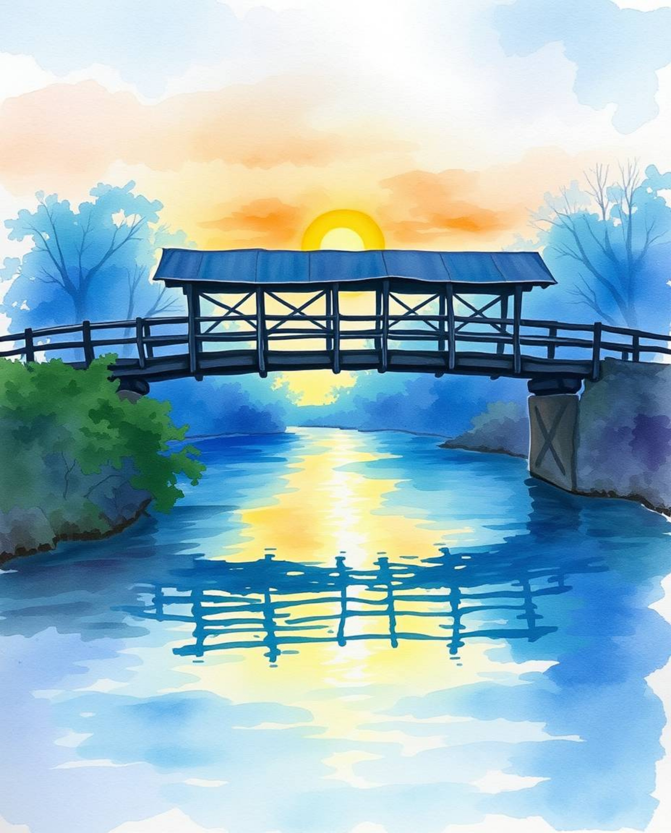 A watercolor painting captures an old wooden bridge over a river at sunset. Using translucent washes and fluid brushstrokes, 