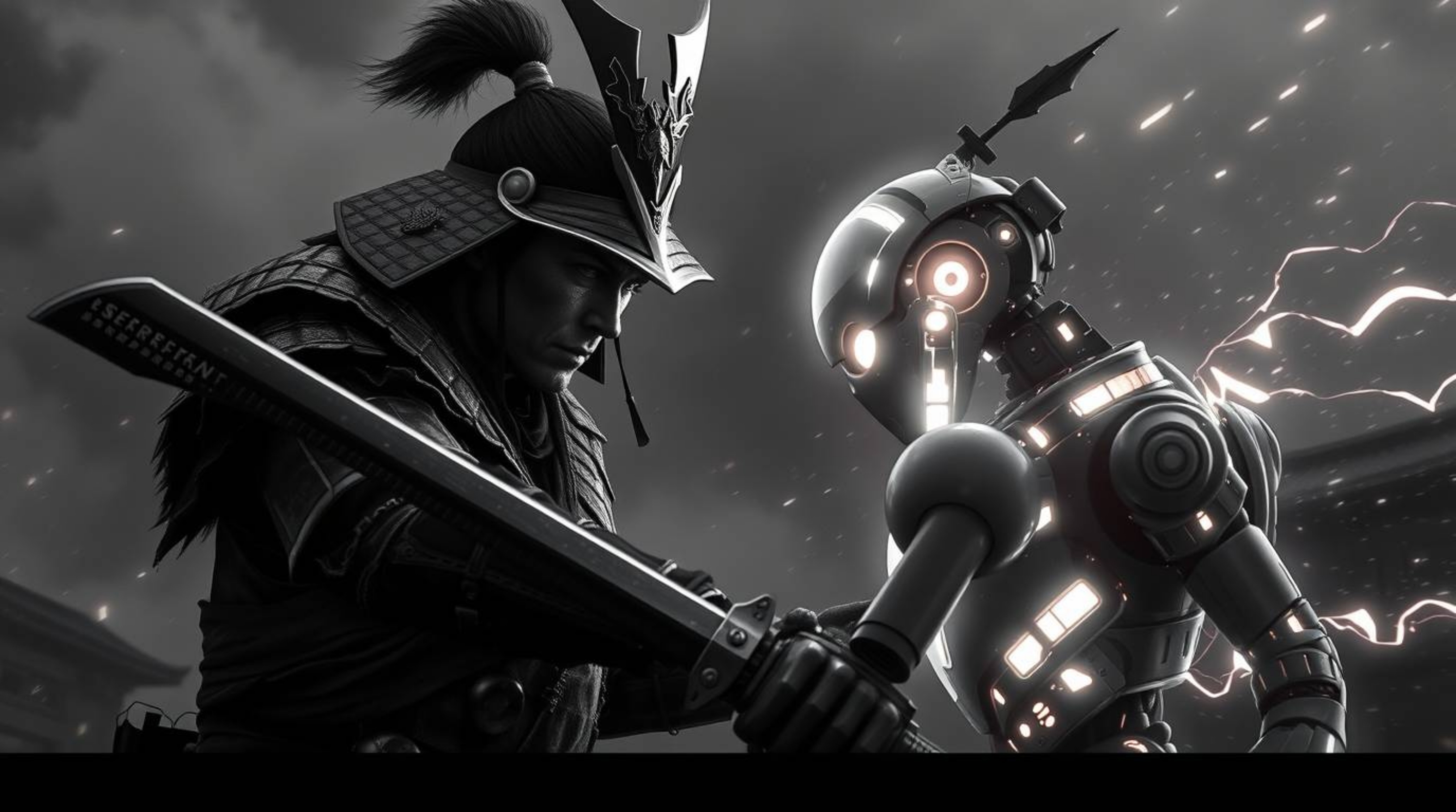A classic black and white digital painting depicts a weathered samurai with dark skin battling a glowing robot in a dystopian