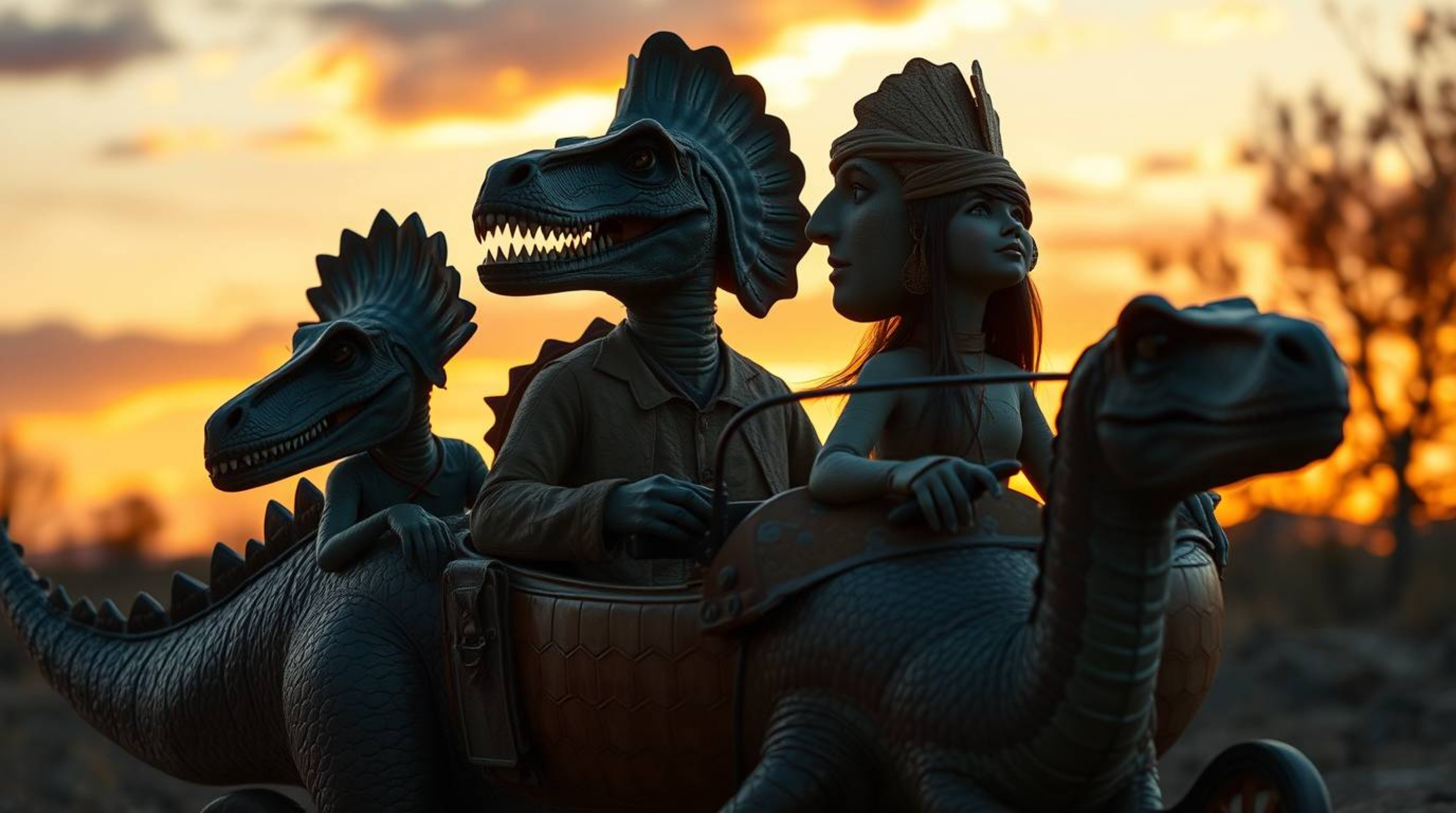 A captivating image depicts a refined prehistoric family enjoying a leisurely drive in their unique dinosaur car. Silhouetted