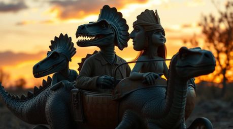 A captivating image depicts a refined prehistoric family enjoying a leisurely drive in their unique dinosaur car. Silhouetted