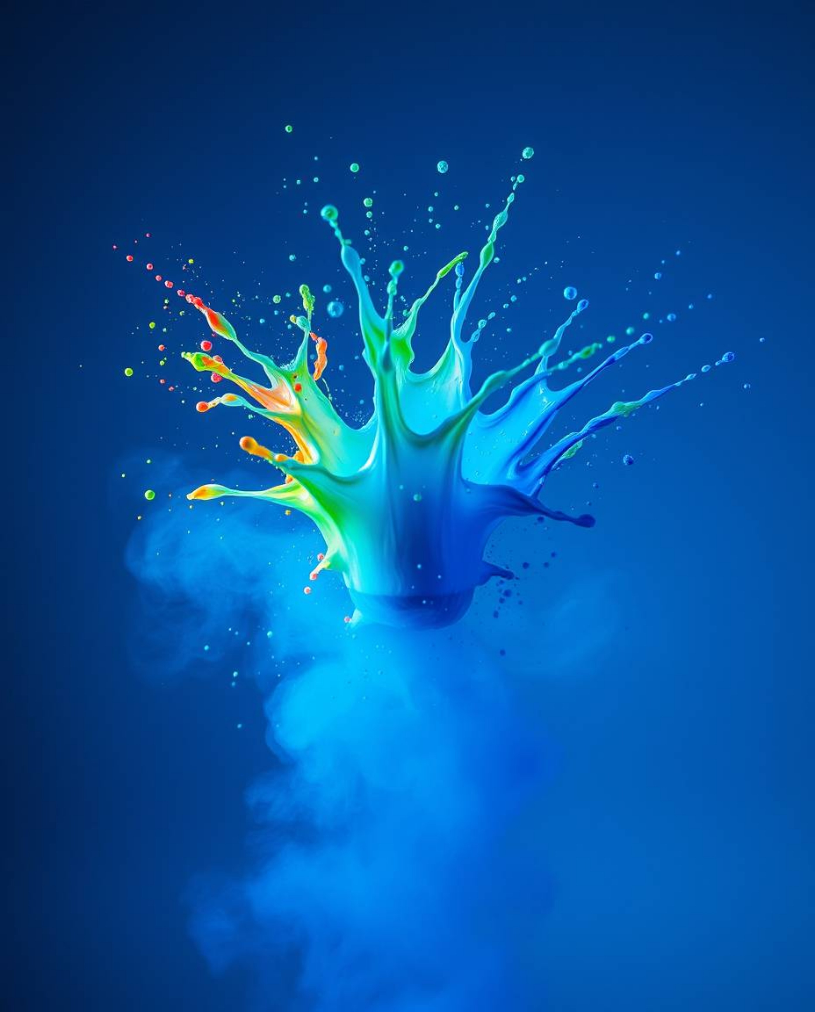 Capture the essence of dramatic cinematic style with this high-speed photograph featuring a colorful paint splash frozen in m