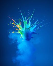Capture the essence of dramatic cinematic style with this high-speed photograph featuring a colorful paint splash frozen in m