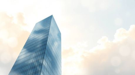 A delicate watercolor painting captures a modern glass building as it dissolves into a cloudy sky, bathed in soft light. Tran