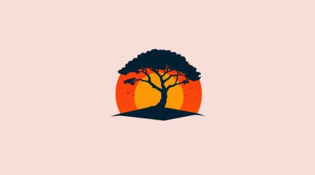 A captivating geometric logo design featuring a lone tree silhouetted against a vibrant, fiery sunset.  The design incorporat
