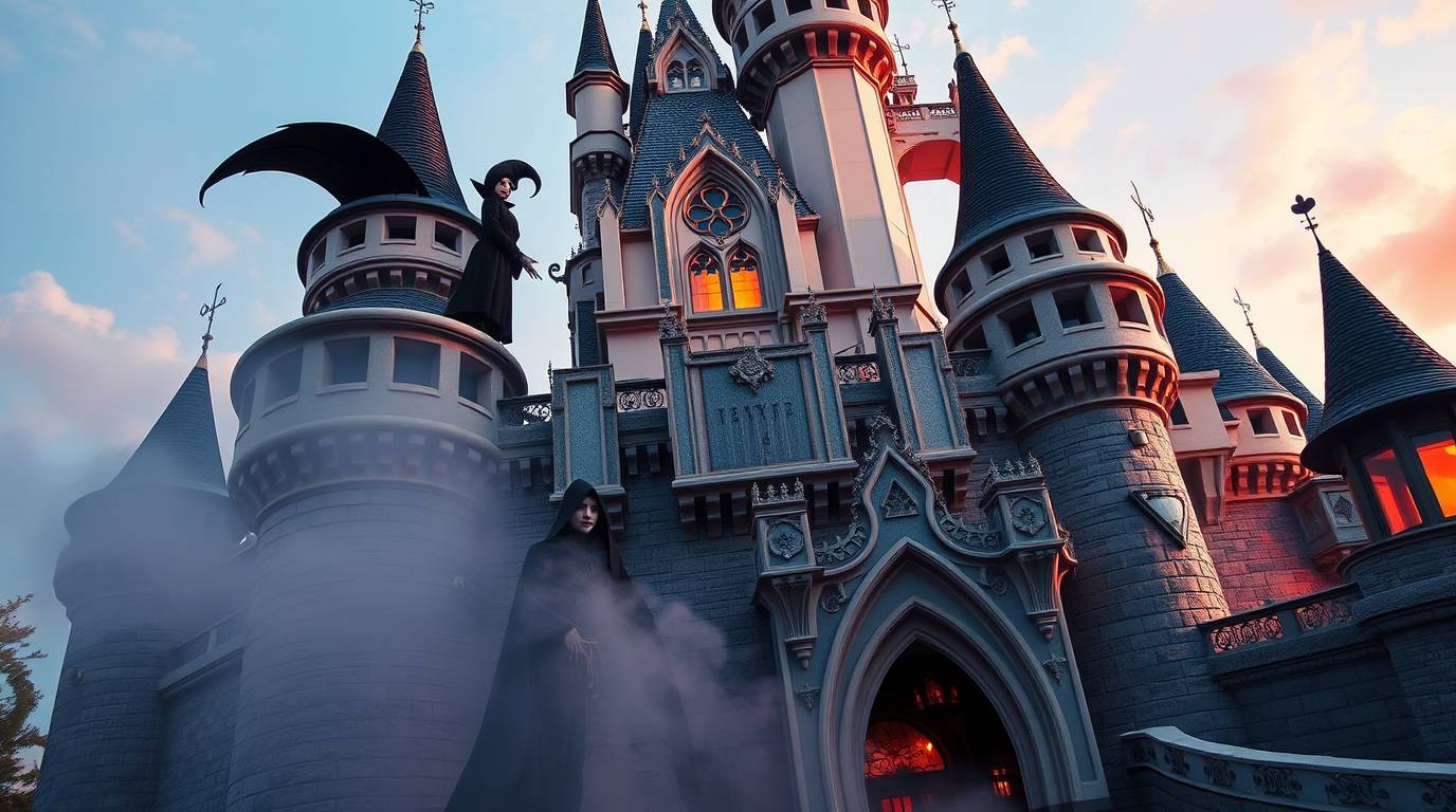 A captivating architectural photograph depicts a classic Disney villain casting a spell within a mystical, enchanting castle.
