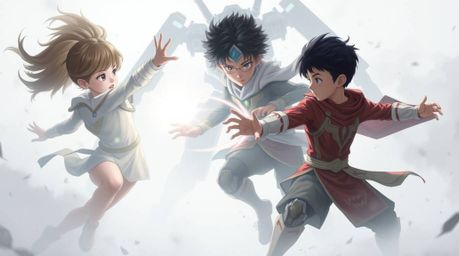 Witness three superpowered children with refined features gracefully battling a robot amidst thick fog.  The image emphasizes