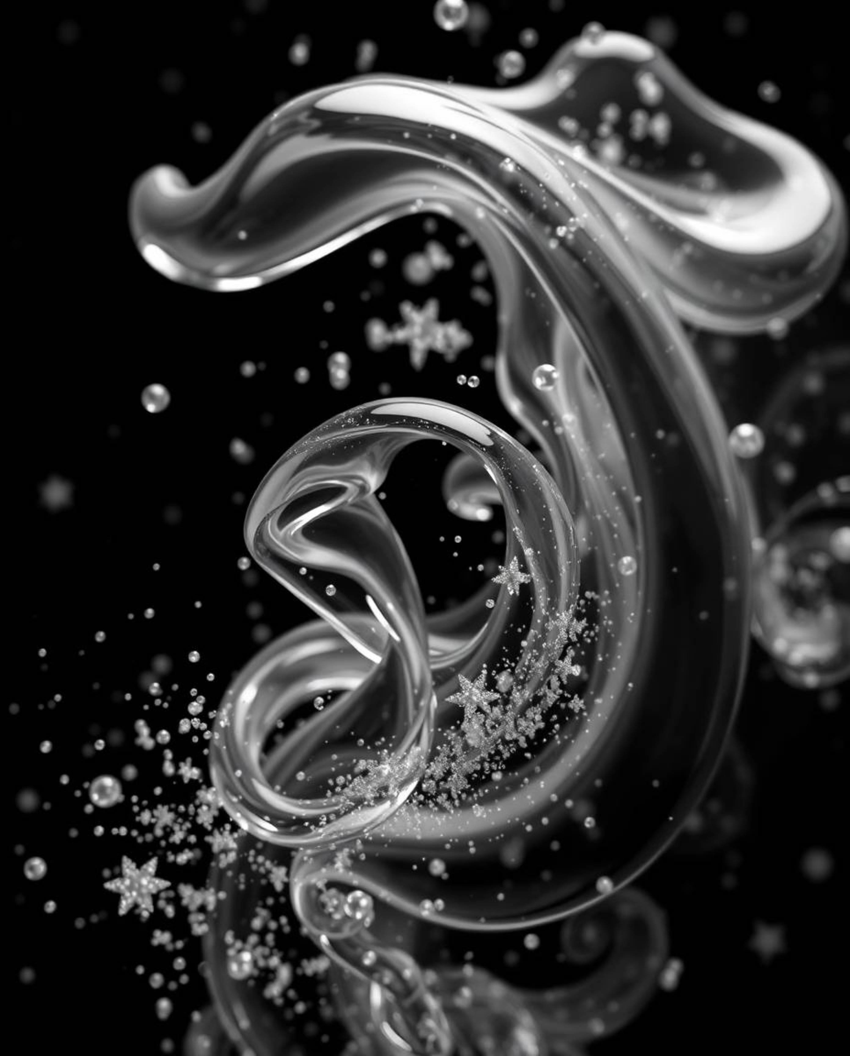 Experience the mesmerizing beauty of glassy fluid 3D shapes in motion, gracefully surrounded by ethereal glowing particles. R