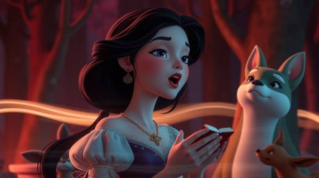 Immerse yourself in a captivating vintage 2D animation featuring a pale-skinned princess with dark hair, singing harmoniously