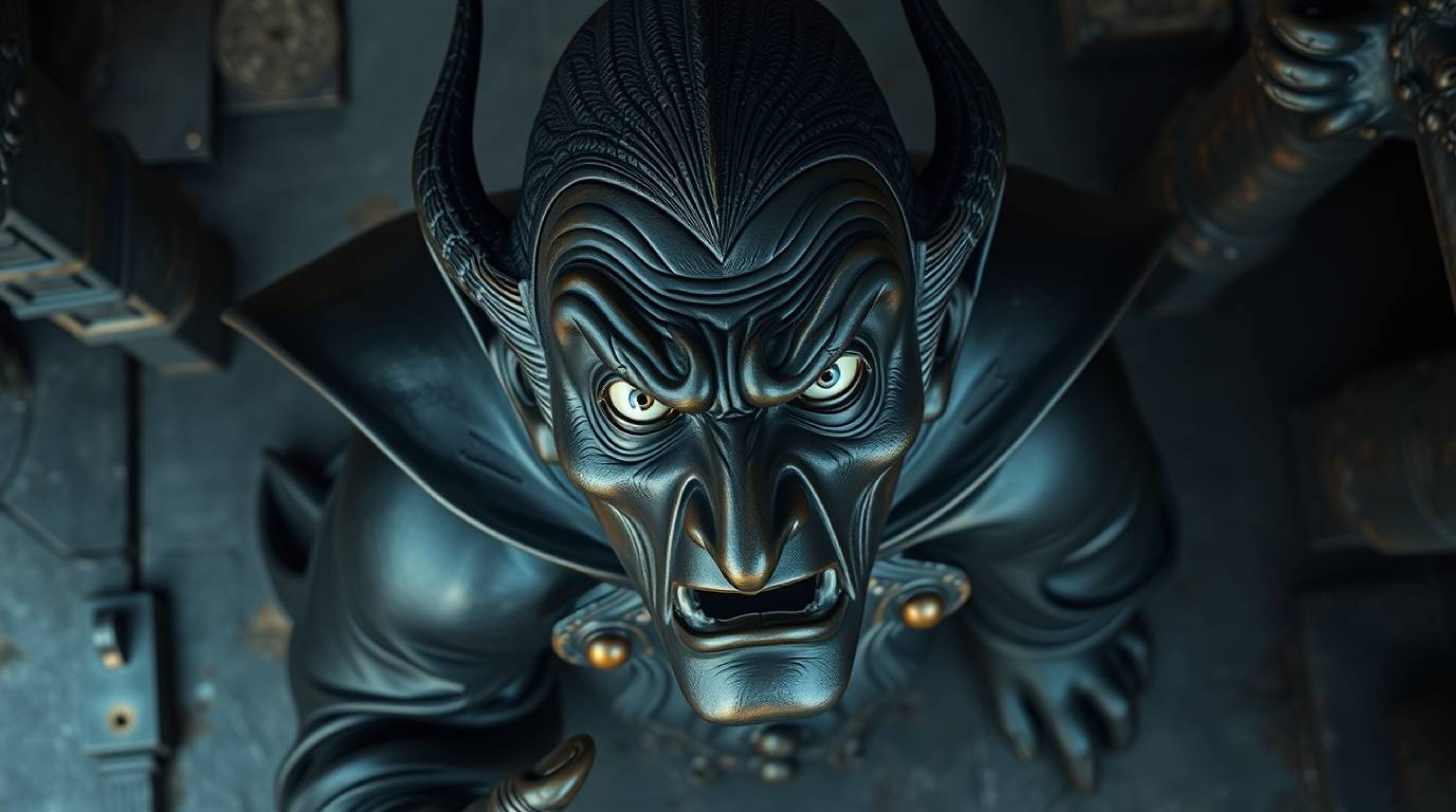 A captivating overhead shot reveals a classic Disney villain, rendered in exquisite bronze with an antique patina finish.  Th