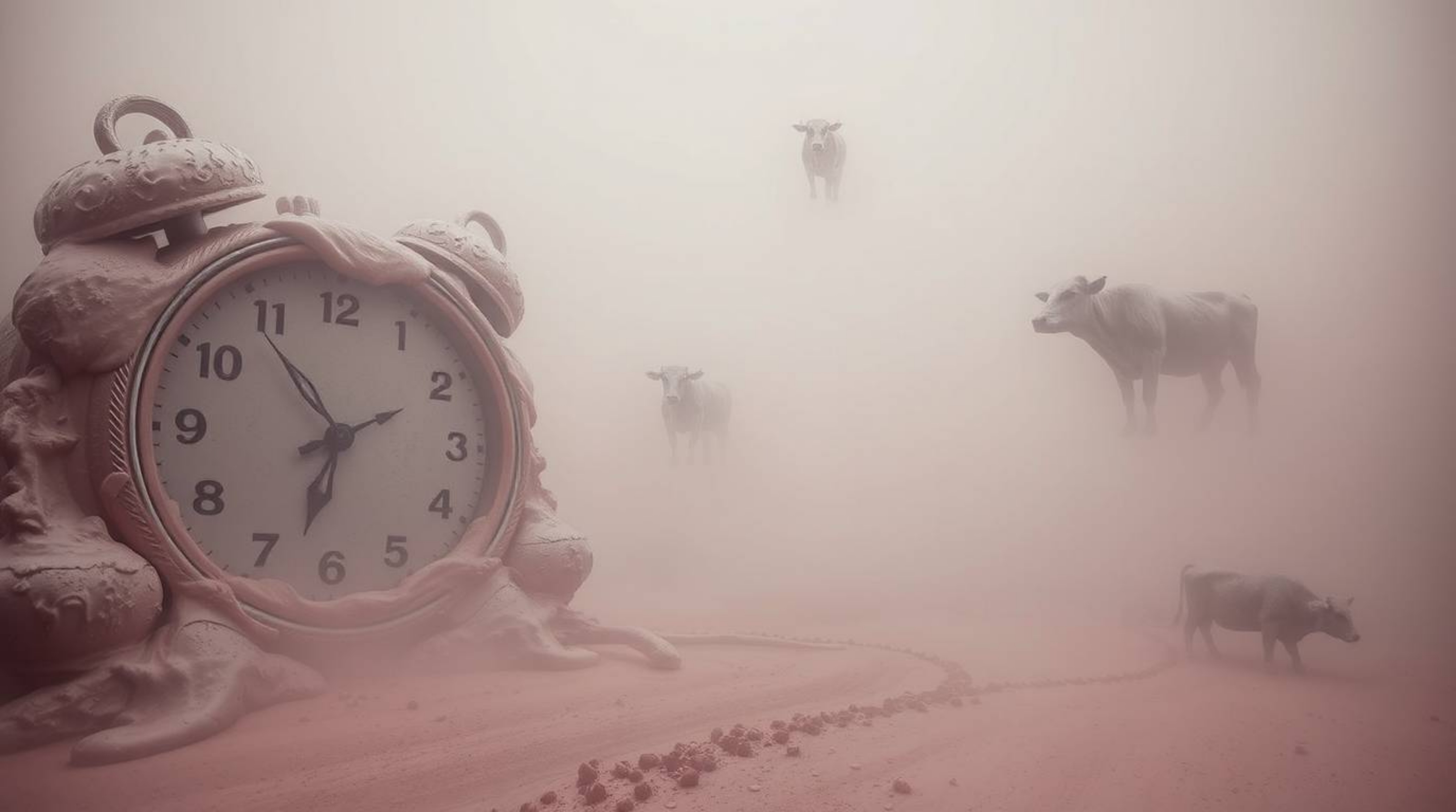 Explore a surreal dreamscape rendered in infrared tones, where melting clocks and floating cows drift through a thick fog.  T