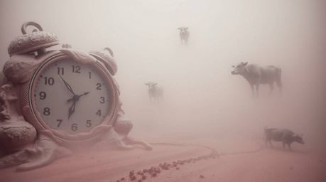 Explore a surreal dreamscape rendered in infrared tones, where melting clocks and floating cows drift through a thick fog.  T