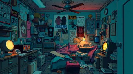 Explore a vibrant and luxurious Isekai anime-style depiction of a messy bedroom, overflowing with weird gadgets and posters. 
