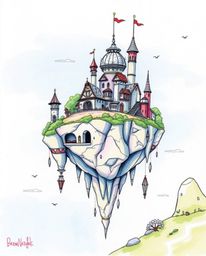 Explore a hand-drawn color sketchnote of a surreal floating island featuring strange and captivating architecture. This artwo