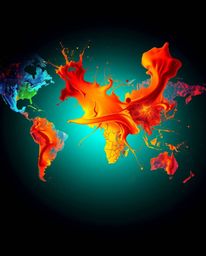 This artwork presents a world map formed from bright and colorful splashes, rendered in a dramatic cinematic style. The warm 