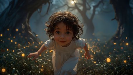 Immerse yourself in a cinematic and vibrant photograph capturing a curious, freckled child with a big smile, chasing the moon