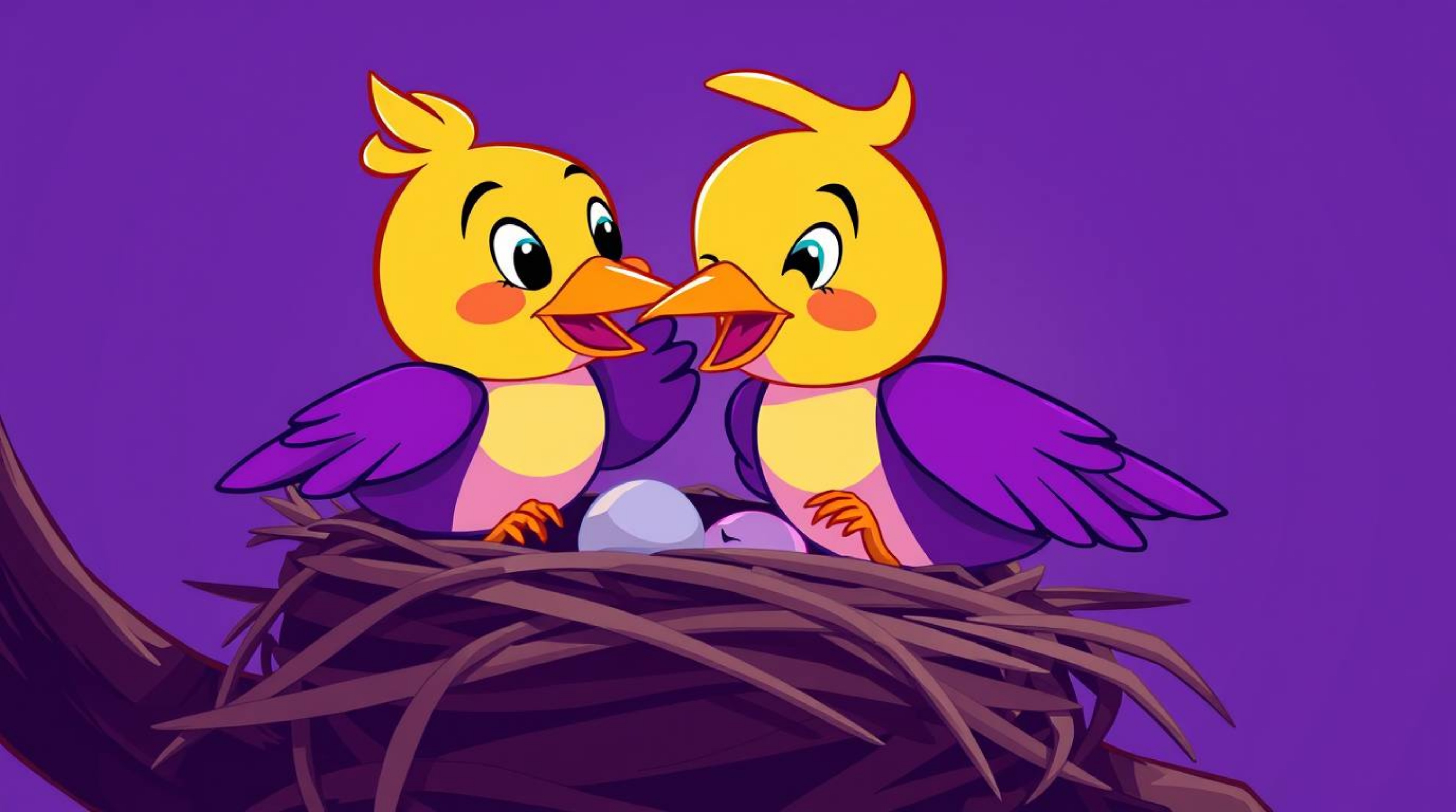 A high-resolution stock photo depicting two cartoon birds meticulously constructing a nest in a classic animation style. The