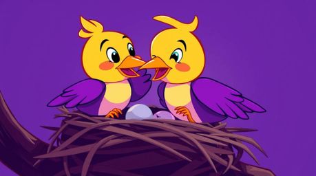 A high-resolution stock photo depicting two cartoon birds meticulously constructing a nest in a classic animation style. The