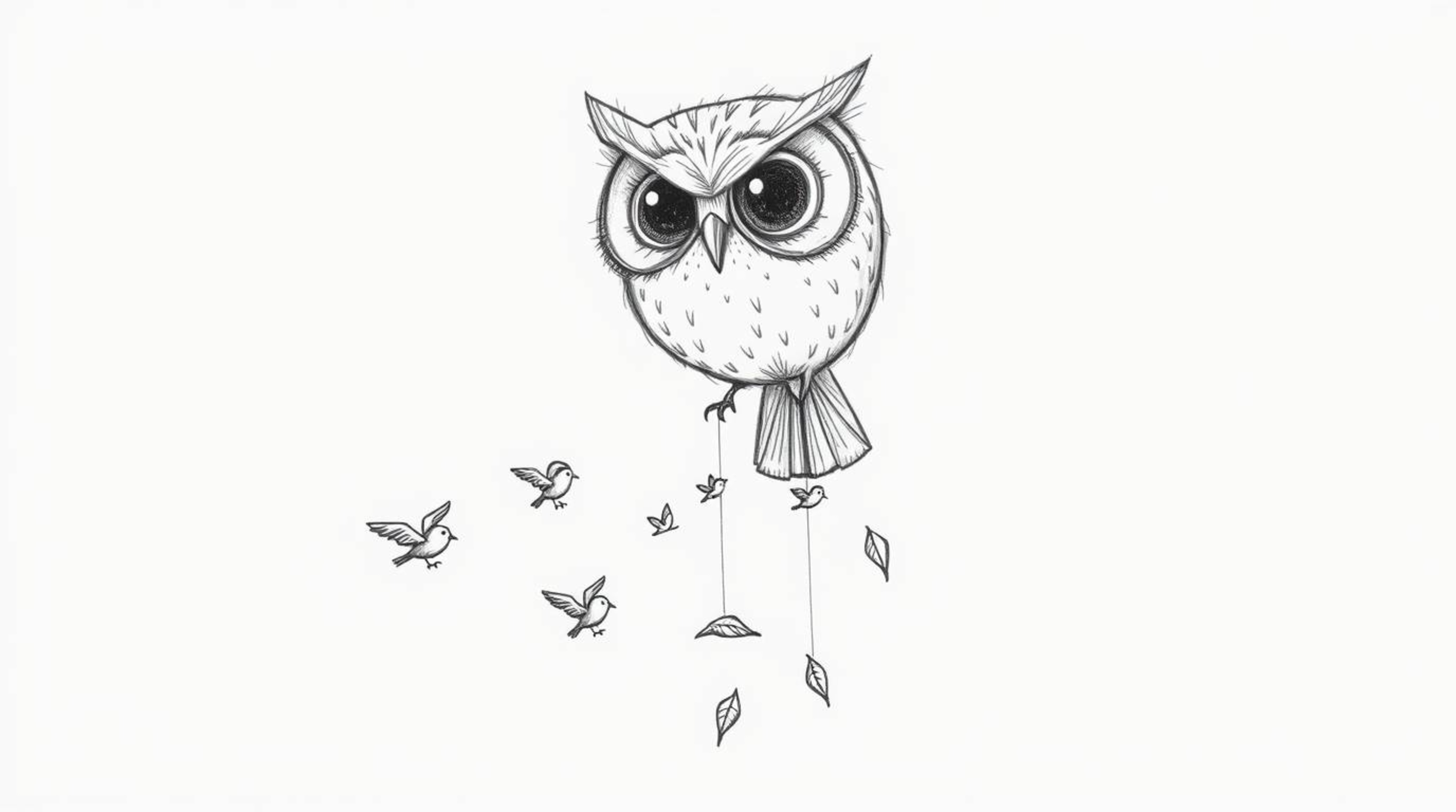 A heartwarming Pixar-style sketch depicts a wise, blind owl patiently guiding a flock of tiny birds as they learn to fly.  Th