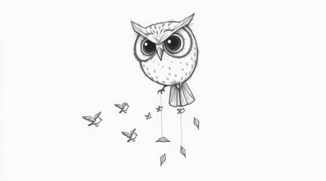 A heartwarming Pixar-style sketch depicts a wise, blind owl patiently guiding a flock of tiny birds as they learn to fly.  Th