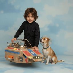 Exquisite high-fashion photography captures a boy with messy brown hair and bright eyes, proudly standing beside his intricat
