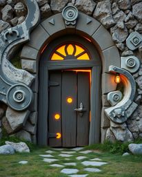Discover an adorable and charming ancient doorway glowing with runes, nestled within a mountainside. This enchanting entrance