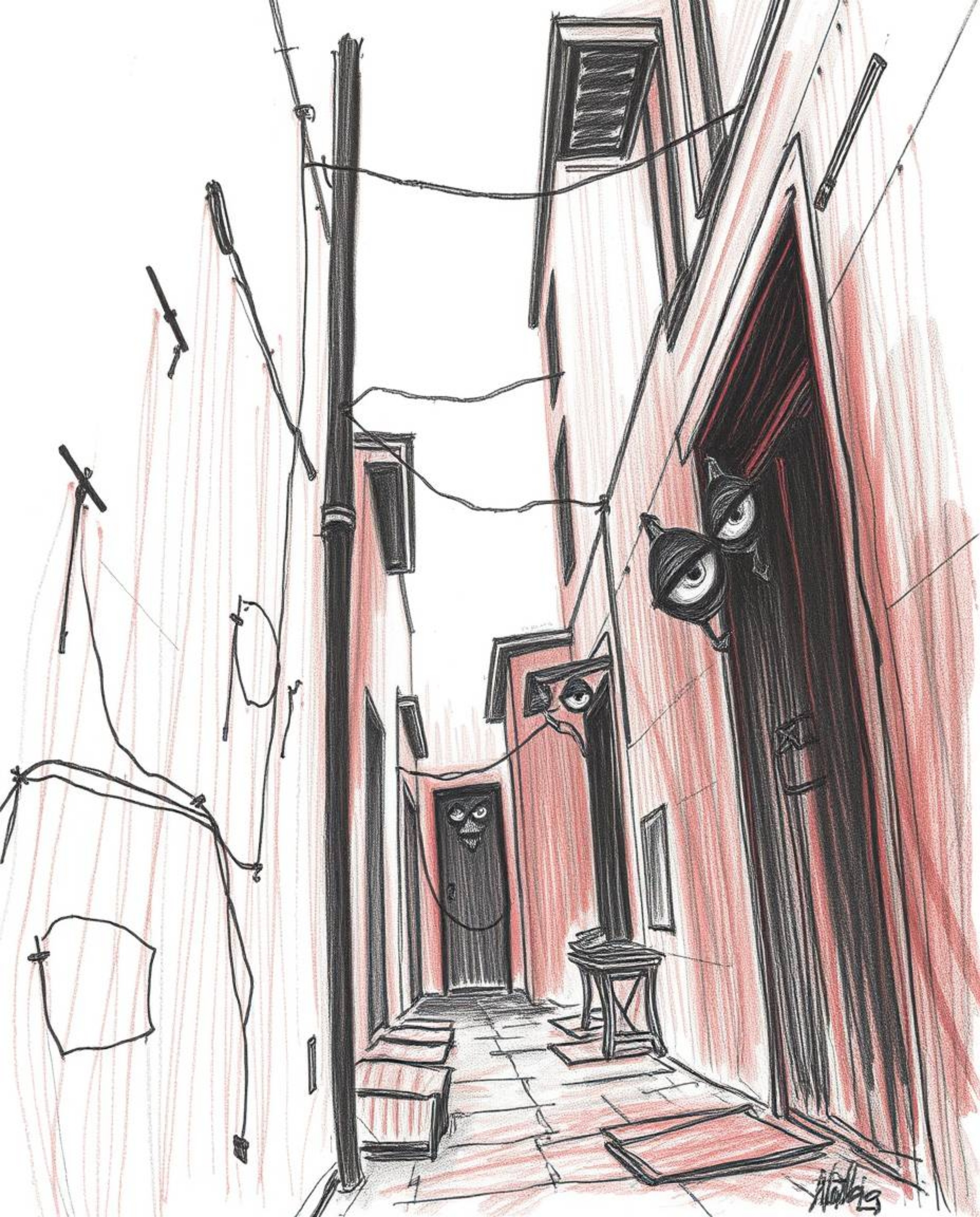 This surreal infrared sketch depicts eyes watching from the shadows of a night alley.  Created with rough pencil strokes and 