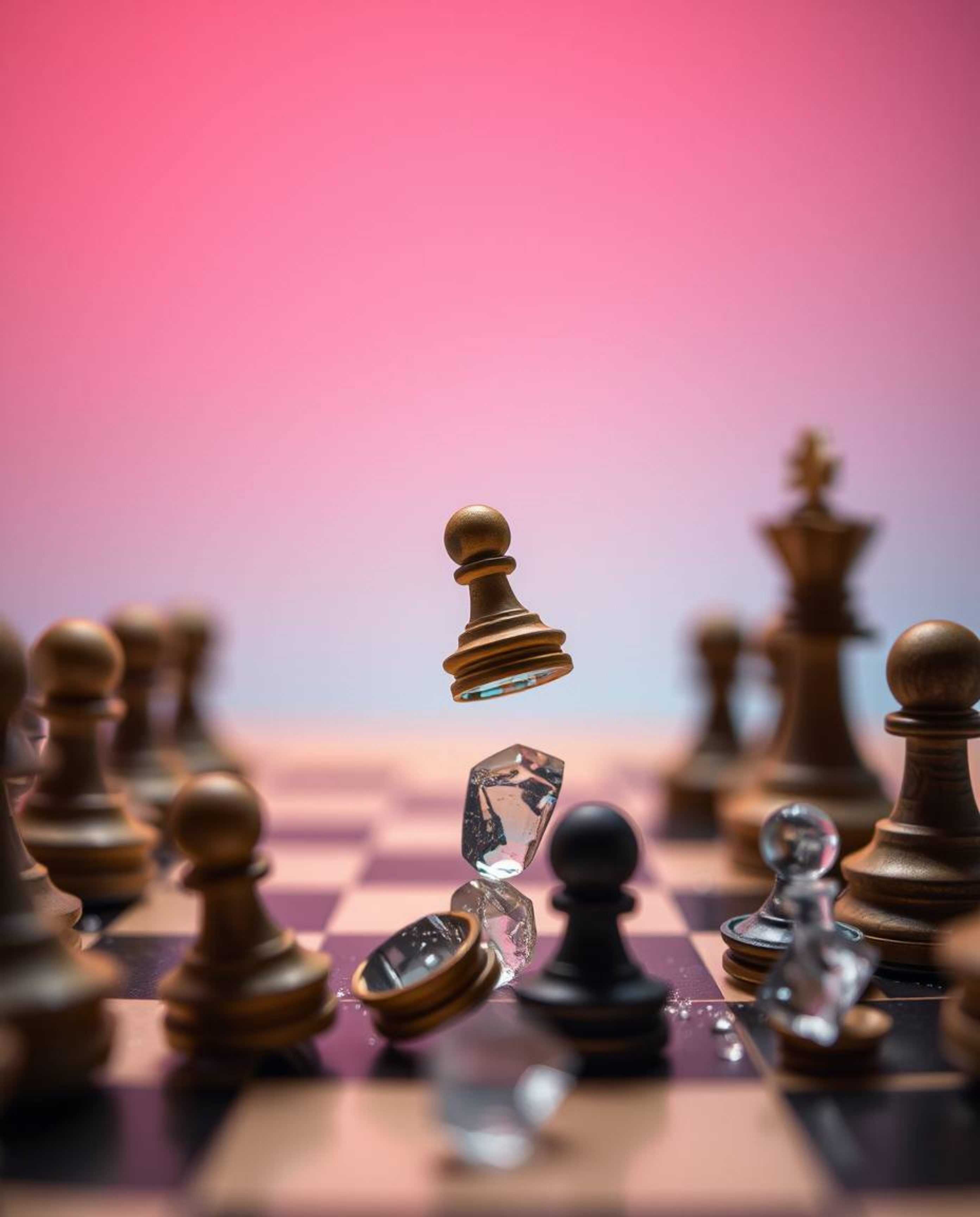 An extreme macro close-up captures a chessboard in a state of frozen destruction, with pieces suspended mid-air. The image em