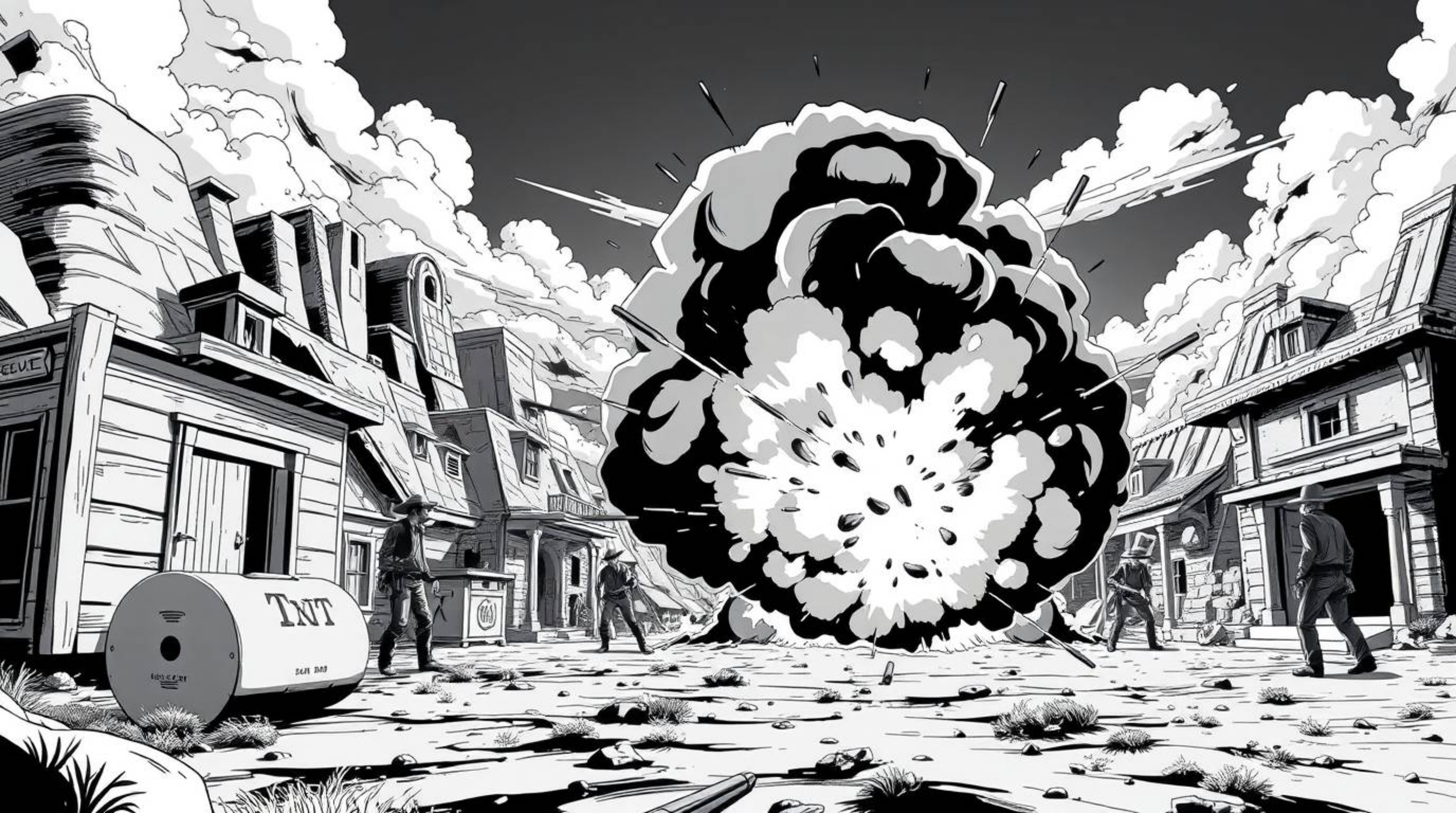 A captivating black and white anime illustration in the style of classic Isekai, depicting a dynamic TNT explosion in a Wild 