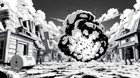 A captivating black and white anime illustration in the style of classic Isekai, depicting a dynamic TNT explosion in a Wild 