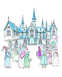 Explore a hand-drawn sketch of a magical school teeming with young wizards, rendered in a cool color palette of blues, greens