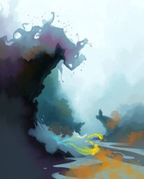 A captivating digital sketch showcases ethereal ink splashes in water, rendered with loose painterly strokes.  Epic complemen