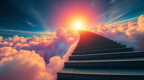 A high-angle candid street photography image featuring a surreal stairway in vibrant electric colors, winding through smoky c
