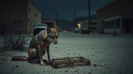Explore a captivating collection of candid street photography featuring a coyote in an eerie, creepy desert urban setting. Th