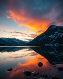 A stunning image of a glassy fjord reflecting a sunset, rendered with captivating, glowing bioluminescent colors. The composi